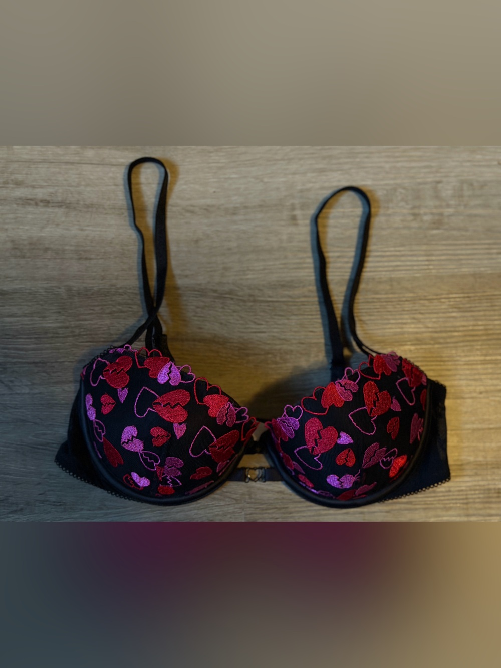 Victoria's Secret Black Lace Push-Up Bra with Pink & Red Heart Embroidery